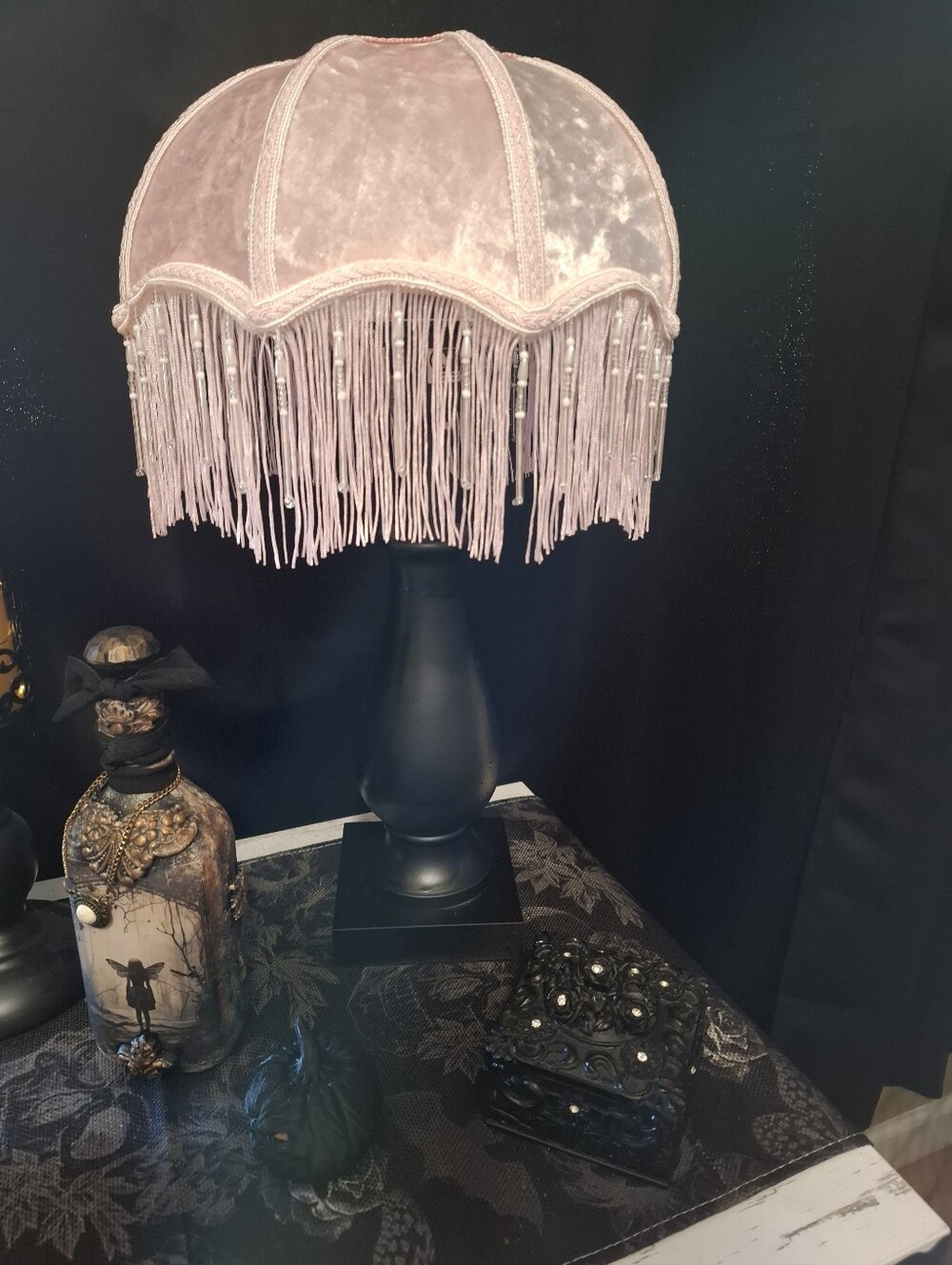 Victorian Brand New Elegant Pink Velvet Fringe Shade And Lamp.